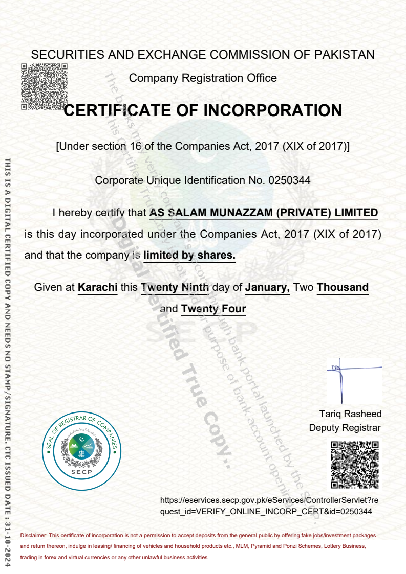 Certificate of Incorporation for As Salam Munazzam Private Ltd - Government Registered Hajj Organizing Company